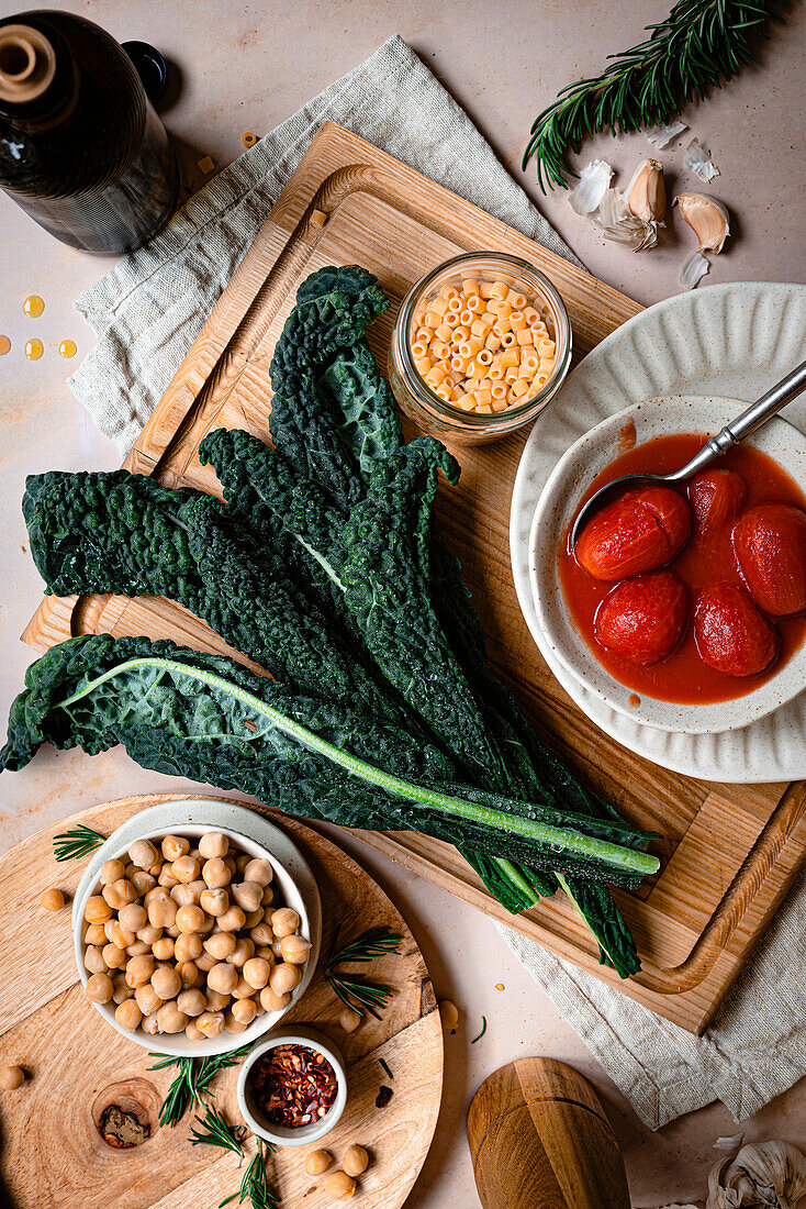 Flat lay with ingredients for chickpea stew