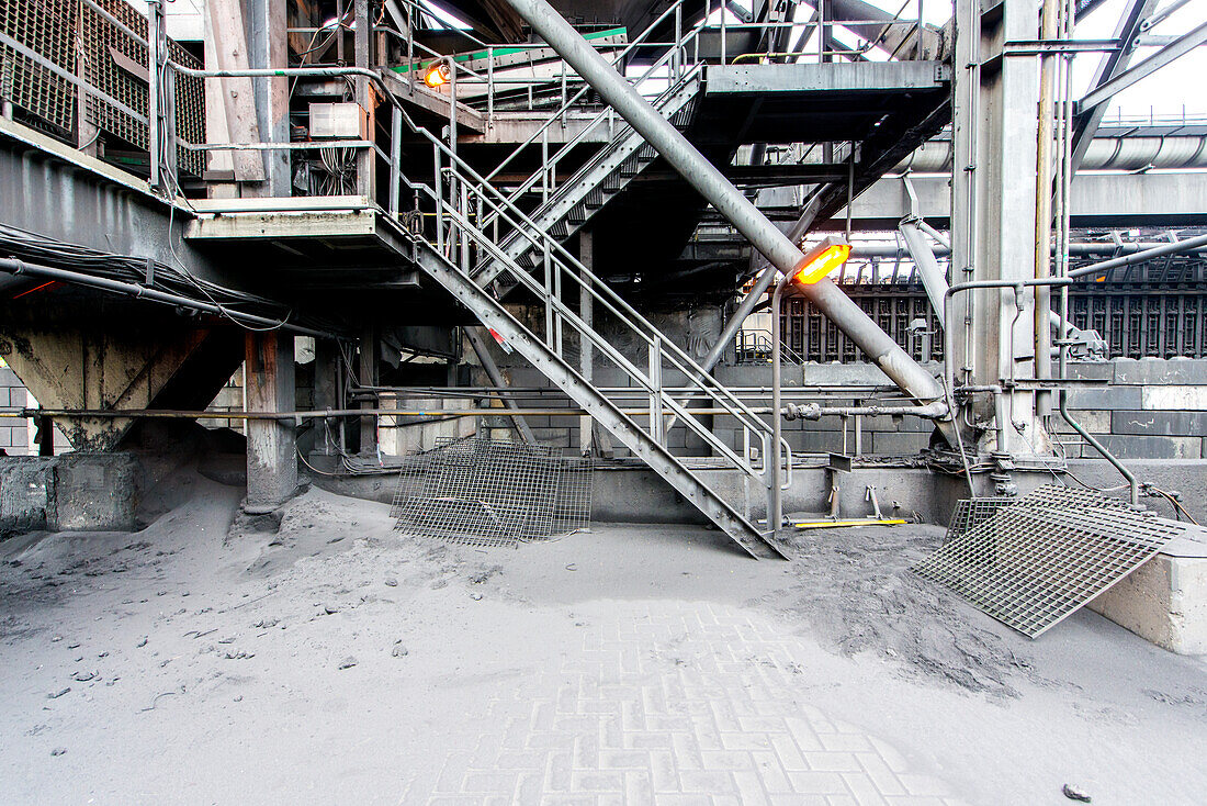 Huge, heavy steel production plant and industry terrain, producing various kinds of steel inside an CO2 Emitting and Exhausting Factory. IJmuiden, Netherlands.