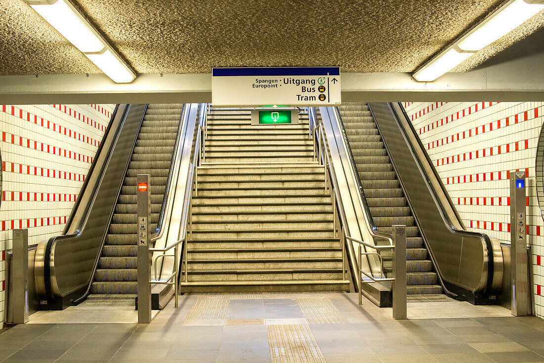 Rotterdam, Netherlands. Stairs and escalators towards the subway station's exit.