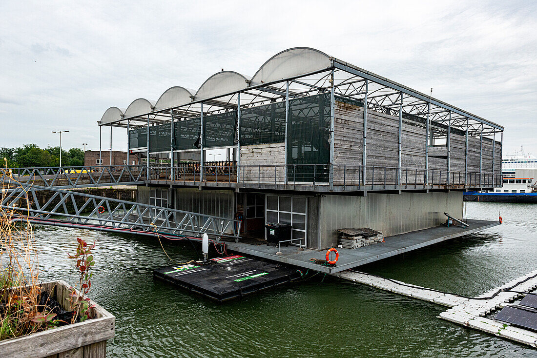 Die Gebäude und Konstruktionen der Floating Farm im Hafen von Merwe M4H. Rotterdam, Niederlande.