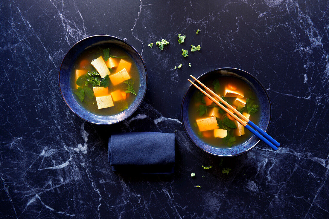 Okinawan-style rustic miso soup, horizontal orientation.