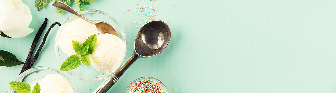 Scoops of Vanilla, sprinkles and mint leaves in glass bowl over pastel light blue background, top view, banner, copy space. Summer minimal concept