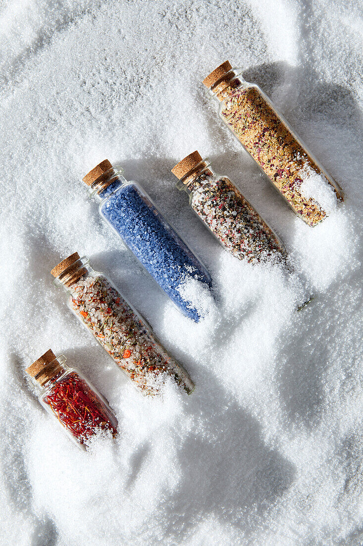 Various jars of special salts for cooking