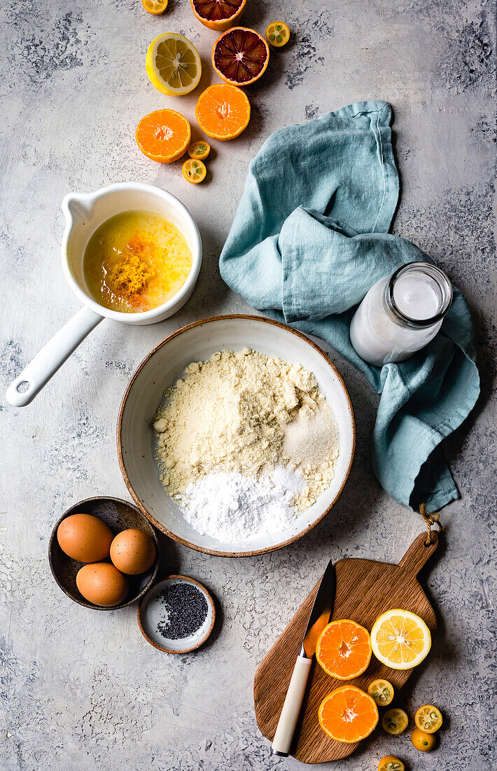 Ingredients for citrus pancakes made with almond flour