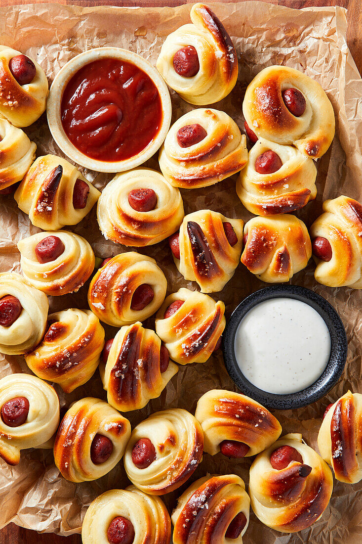 Pigs in a Blanket on kraft paper.