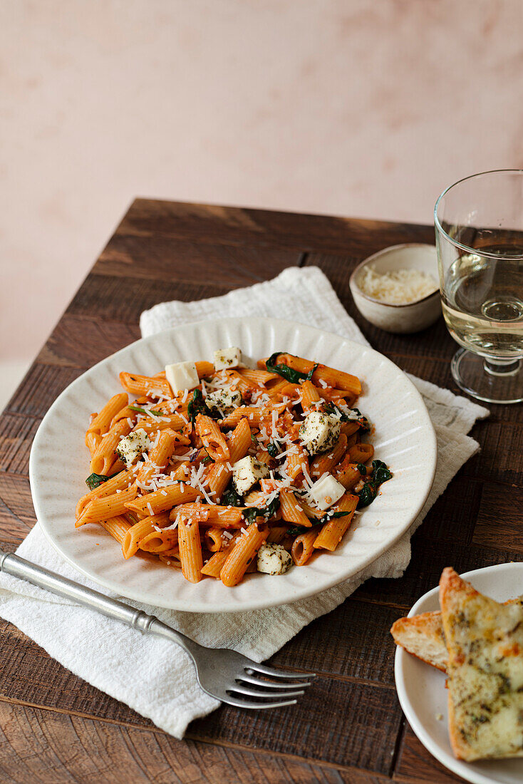 Table with pasta with tomato sauce and spinach