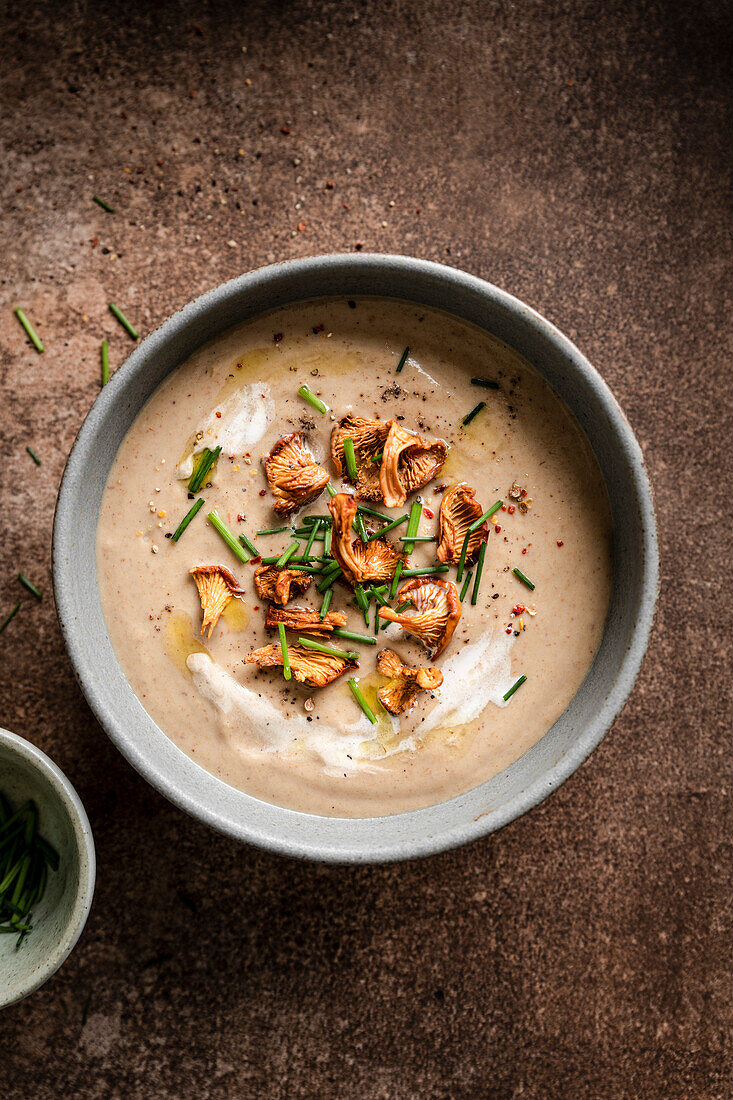 Mushroom soup with wild mushrooms on a rustic brown base