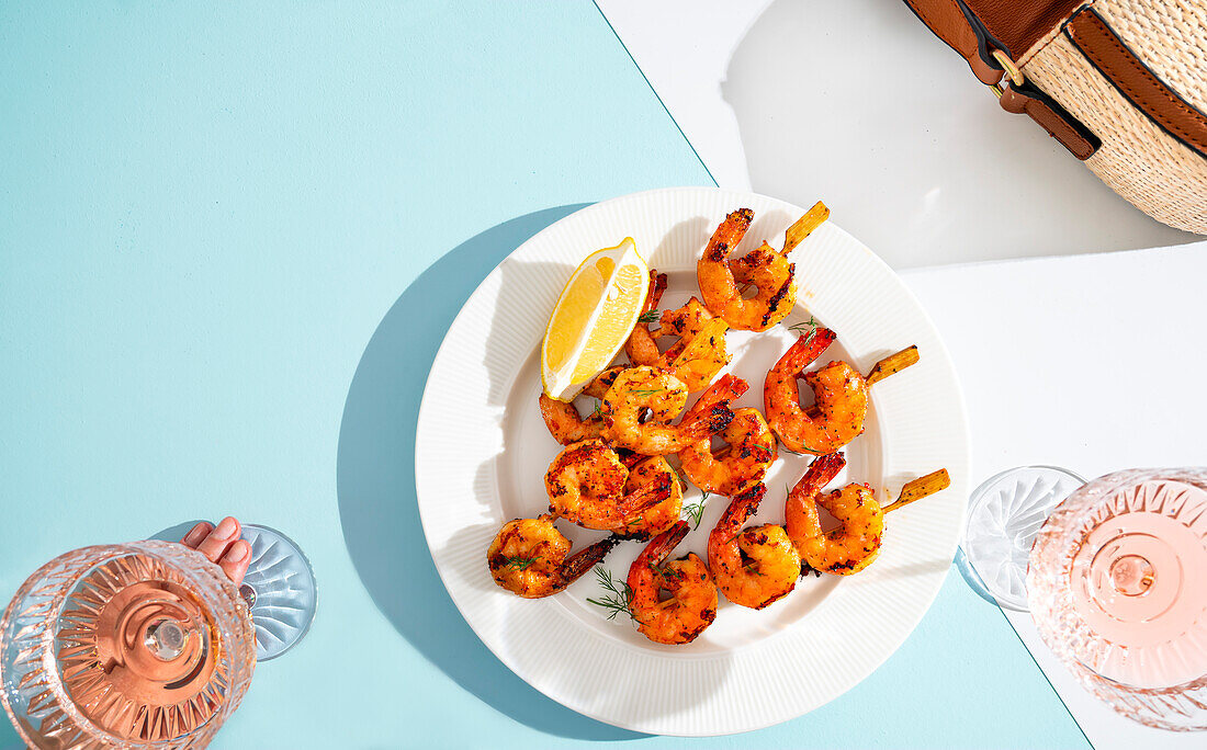 A Plate of Barbecued Prawn Skewers for Two