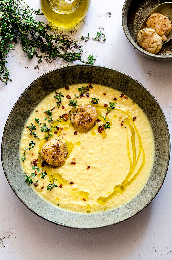 Pumpkin soup with fried scallops, served with thyme and chillies