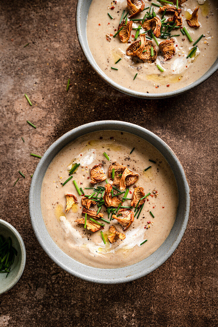 Mushroom soup with wild mushrooms on a rustic brown surface