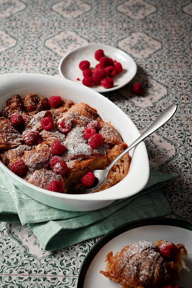 caramel croissant pudding with fresh raspberries