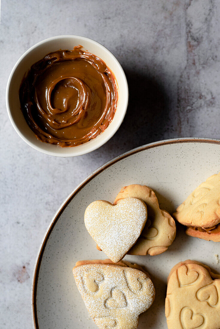 Close-up of heart-shaped alfajores