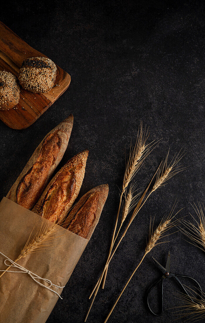 Fresh Bread with copy space on a grey background