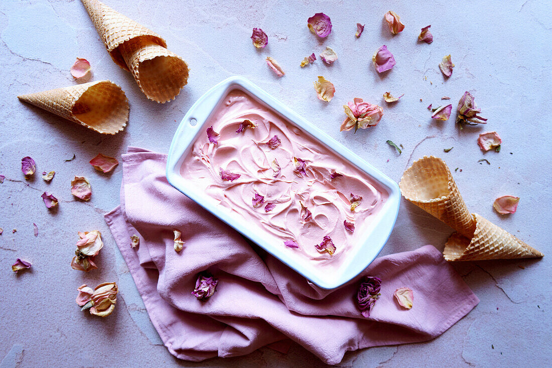 Rose petal ice cream, horizontal orientation.