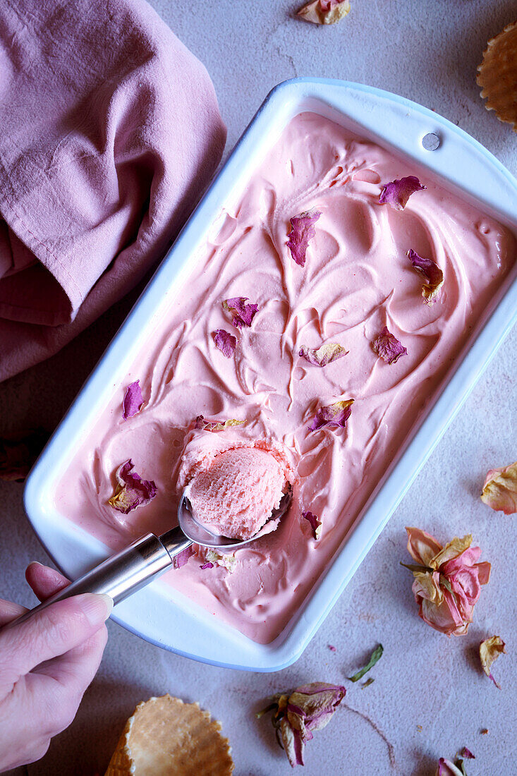 Rose petal ice cream, close up.