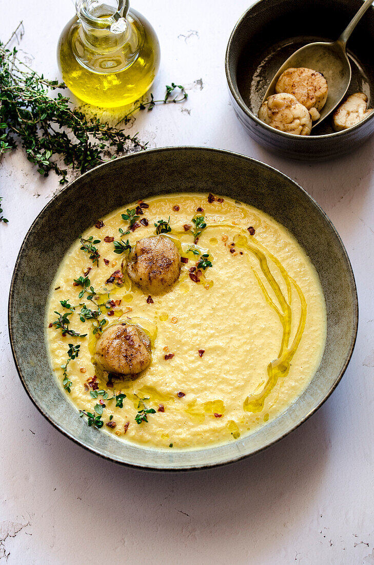 Pumpkin soup with pan fried scallops served with thyme and chili pepper