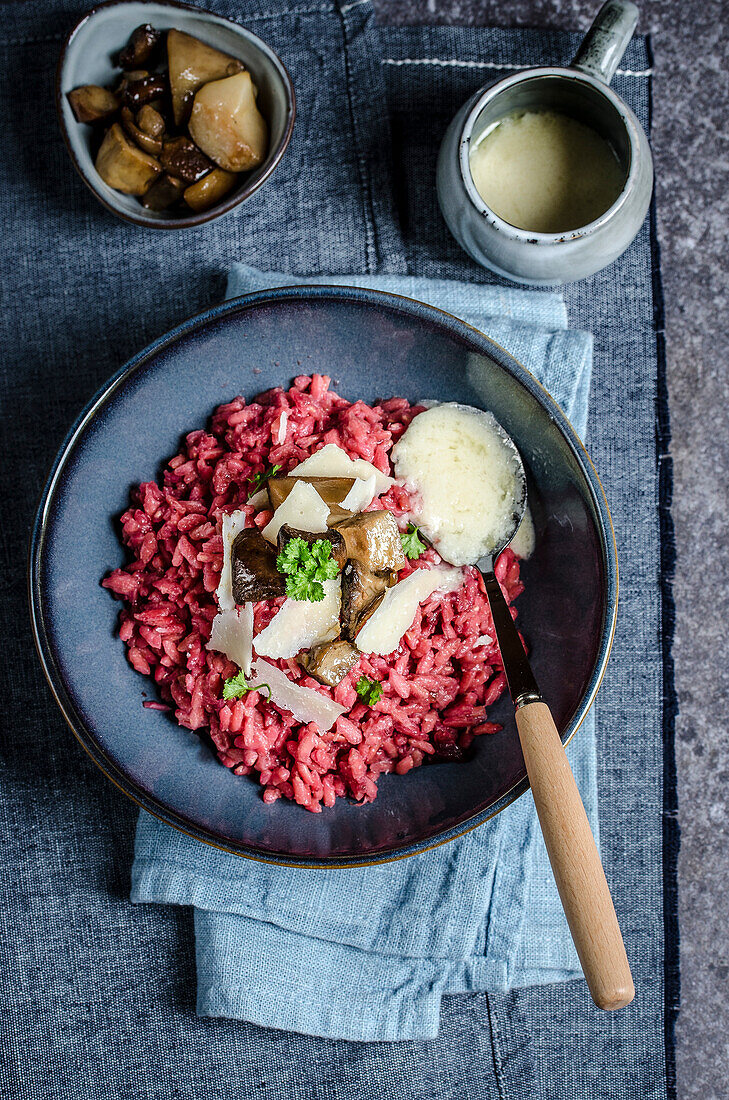 Beetroot risotto with porcini mushroom and parmigiano fondue