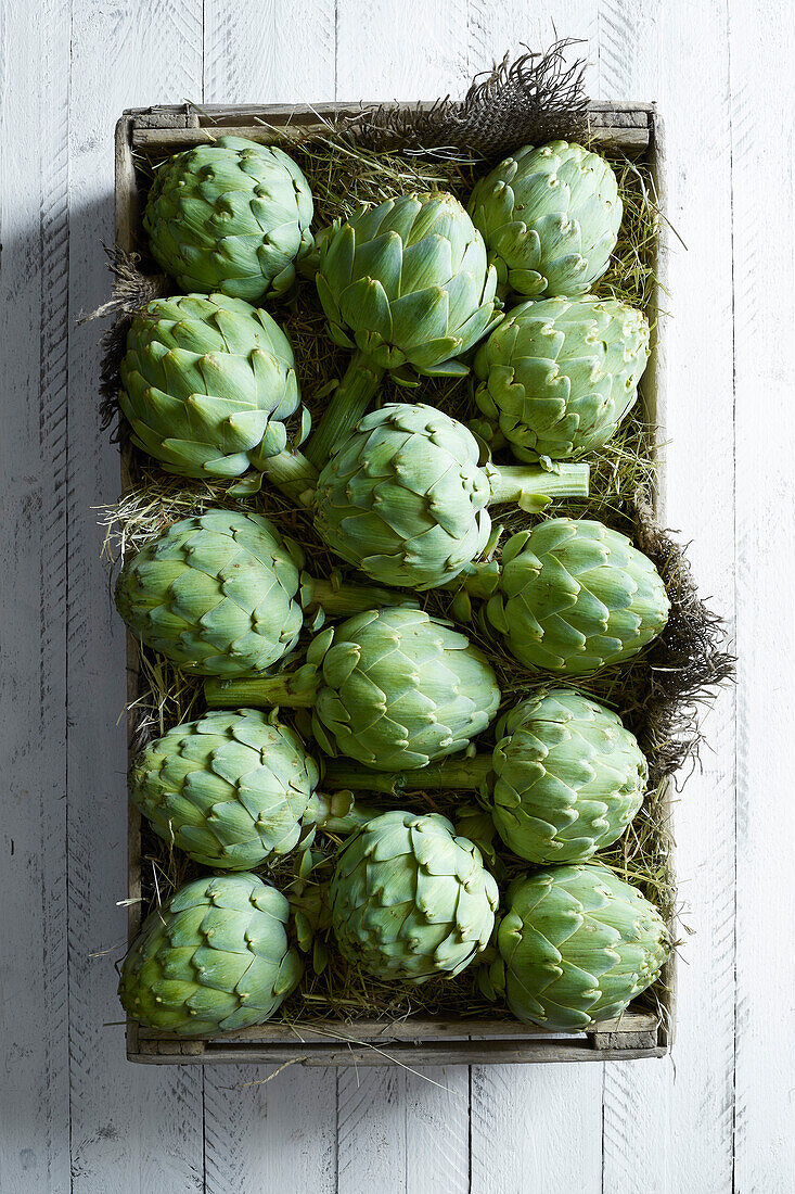 fresh artichokes in a wooden box, on a white wooden background