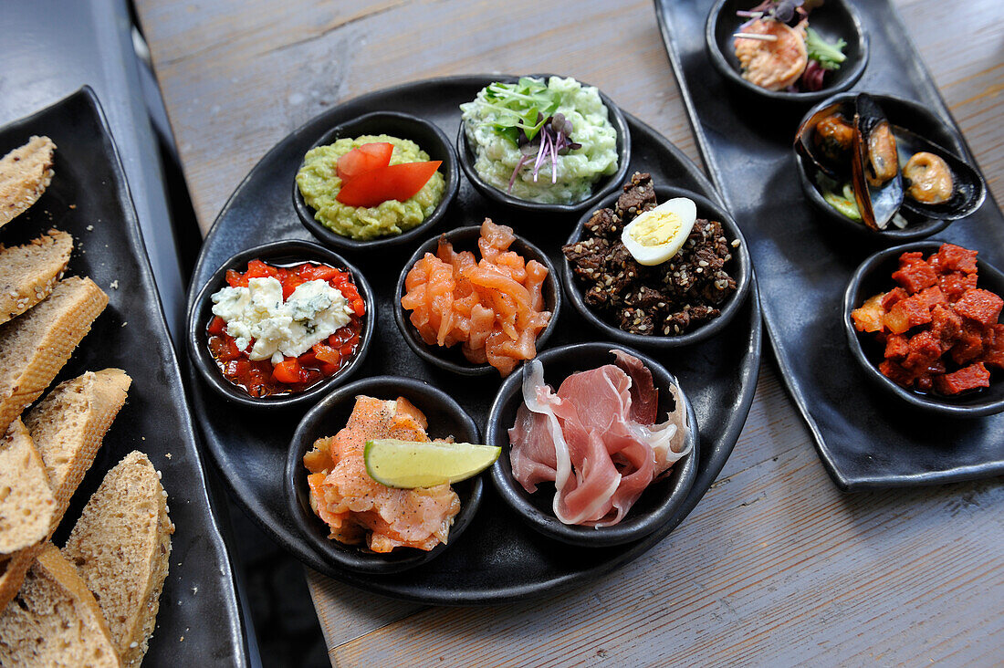 Appetizer assortment served at Garage wine bar in Bergs Bazaar, Riga, Latvia, Baltic region, Europe