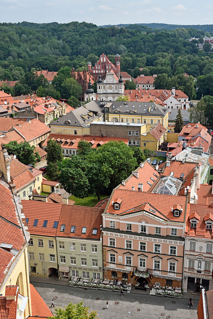 Pilies Street with, in the background, the Church Heritage Museum, St. Anne's Church and the Church of St. Francis and St. Bernard, seen from the tower of St. John's Church, UNESCO World Heritage Site, Vilnius, Lithuania, Europe