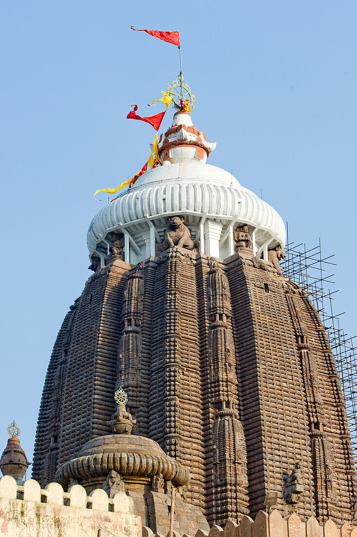 The main tower of the 12th century Jagannath Temple, dedicated to Lord Jagannath, an embodiment of Krishna, situated in Puri, the oldest of India's four holiest Hindu religious centres, Puri, State of Odisha, India, Asia