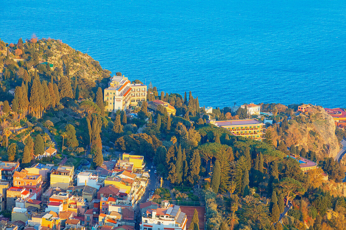 Taormina town, high angle view, Taormina, Sicily, Italy, Mediterranean, Europe