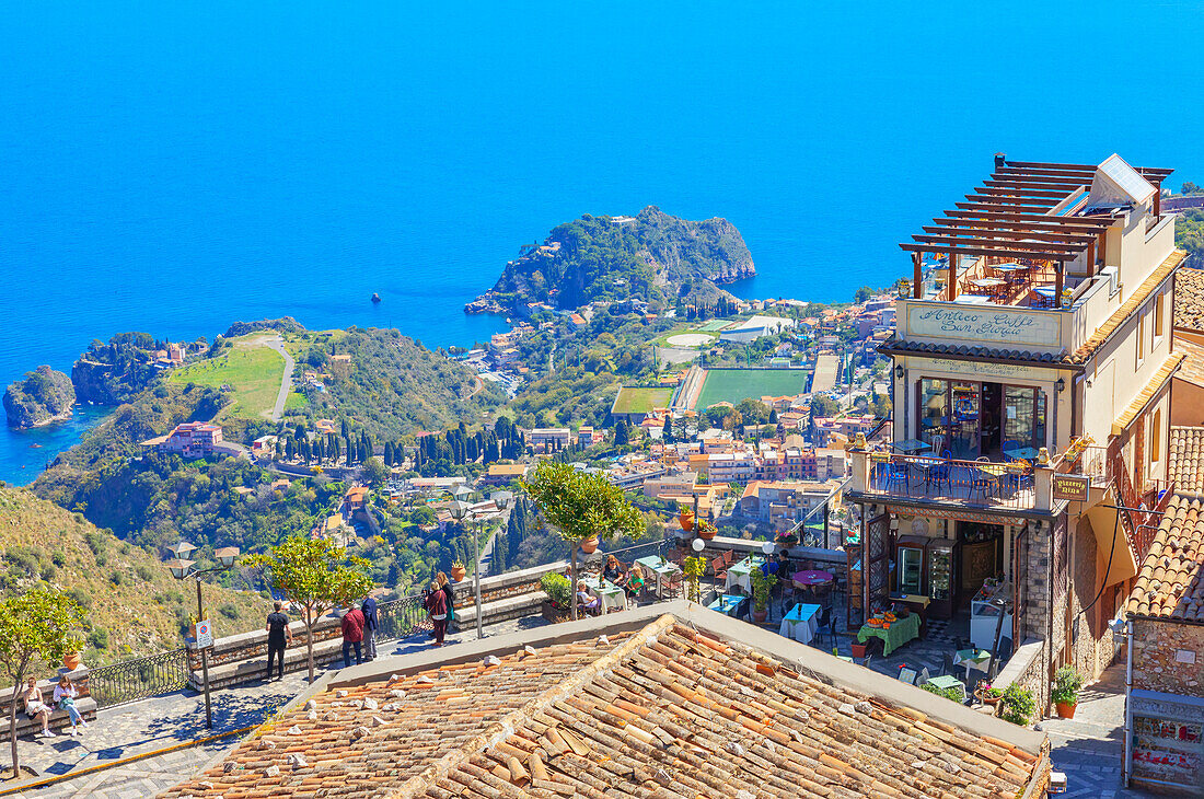 Taormina and the Ionian coast view from Castelmola main square, Castelmola, Taormina, Sicily, Italy, Mediterranean, Europe