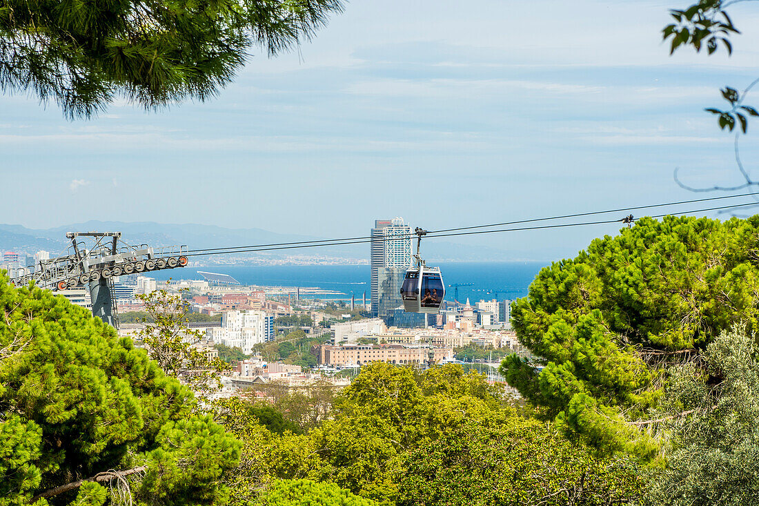 The Montjuic cable car aerial tram overlooking Barcelona, Catalonia, Spain, Europe