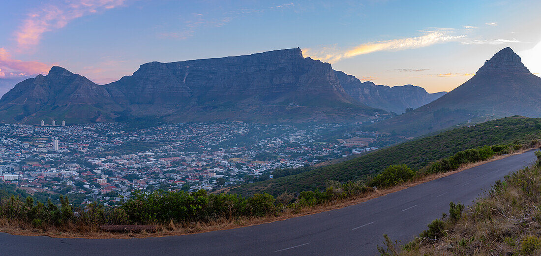 View of Cape Town and Table Mountain from Signal Hill at dusk, Cape Town, Western Cape, South Africa, Africa