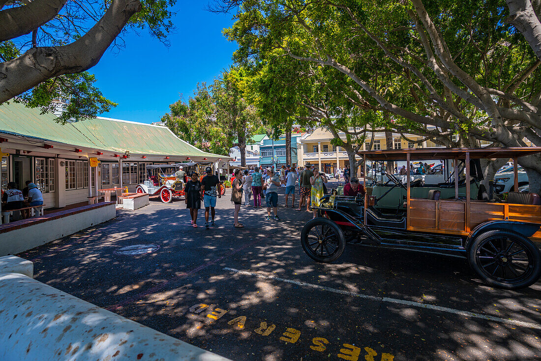 View of vintage cars in Jubilee Square, Simon's Town, Cape Town, Western Cape, South Africa, Africa