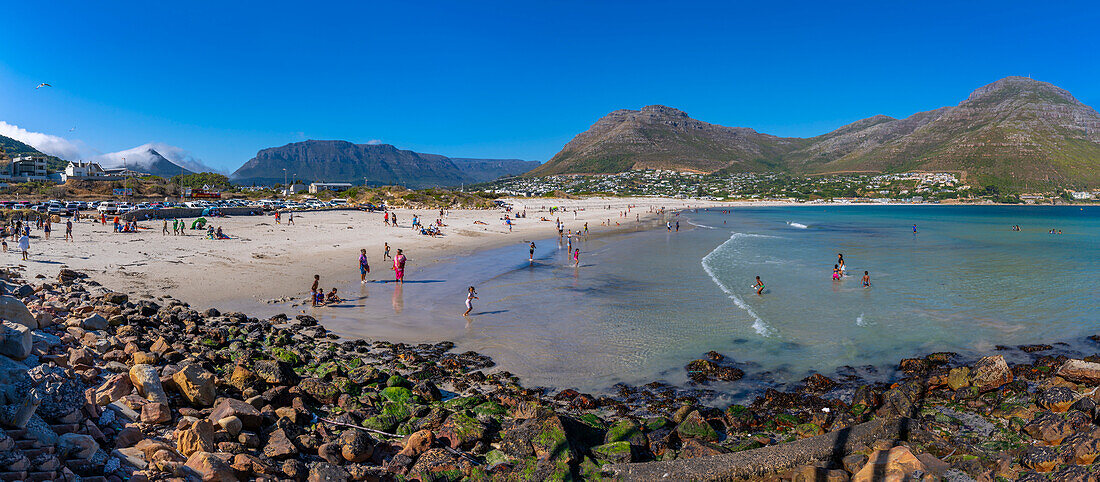 Blick auf badende Menschen am Hout Bay Beach, Hout Bay, Kapstadt, Westkap, Südafrika, Afrika