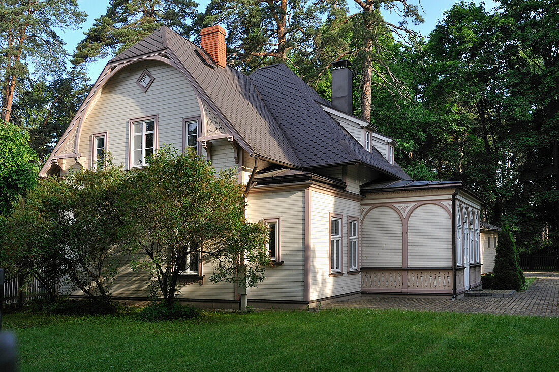 Typical wooden house at Jurmala, Gulf of Riga, Latvia, Baltic region, Europe