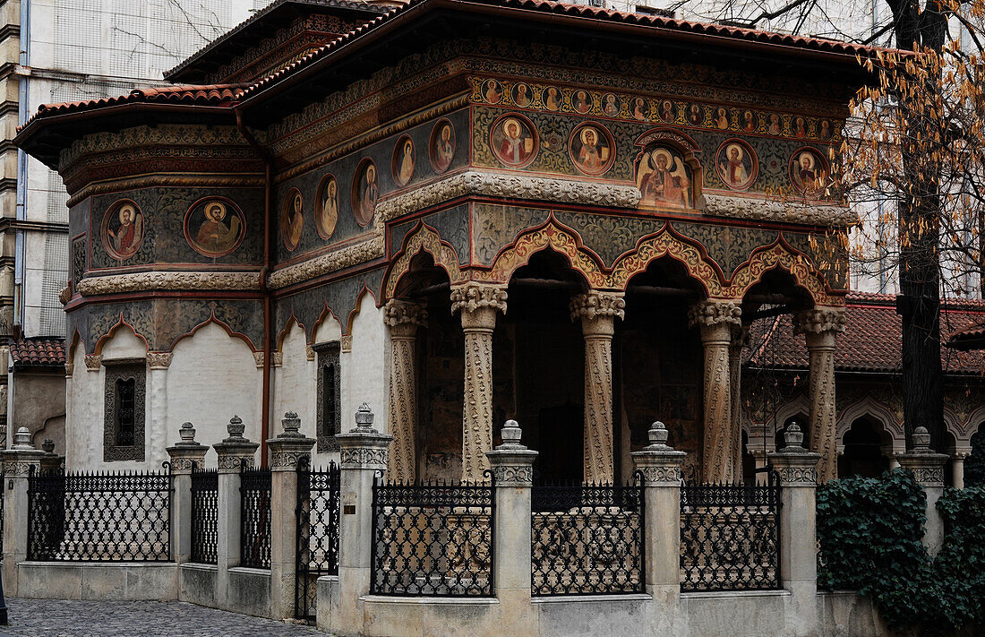 The tiny 18th-century Stavropoleos Church, one of the most beautiful religious monuments in the capital, originally part of Stavropoleos Monastery, Old Town, Bucharest, Romania, Europe