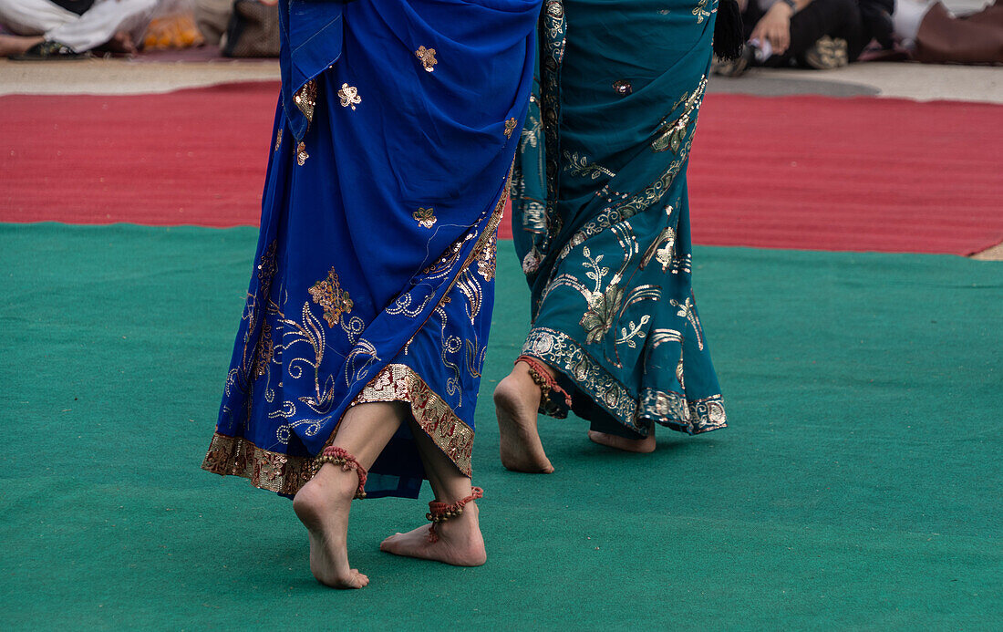 Thai classical dancers and musicians at Makha Bucha Buddhist celebrations where relics of Buddha are enshrined at the Royal Park Rajapruek, Chiang Mai, Thailand, Southeast Asia, Asia