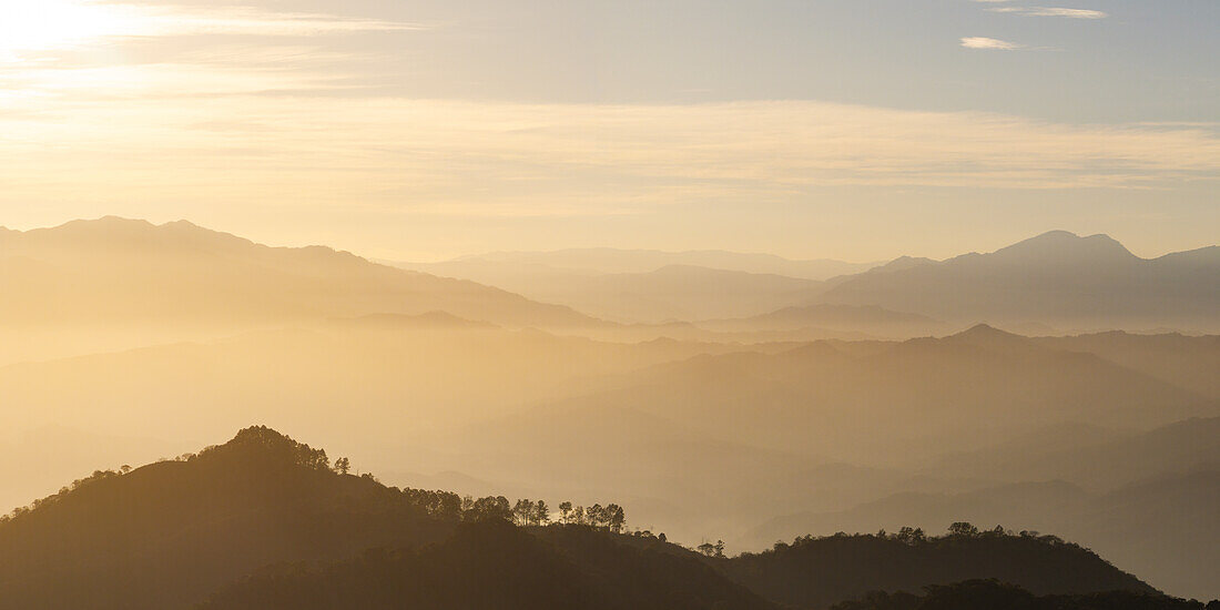 Aerial view of mountains near Atena at dawn, Alajuela Province, Costa Rica, Central America