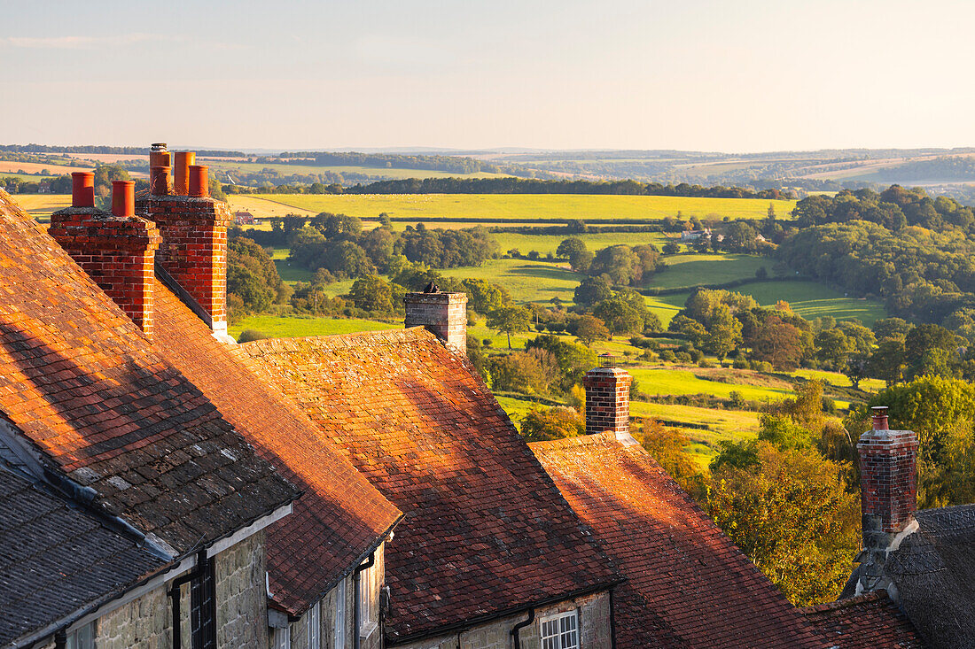 Gold Hill during sunset in late summer, Shaftesbury, Dorset, England, United Kingdom, Europe