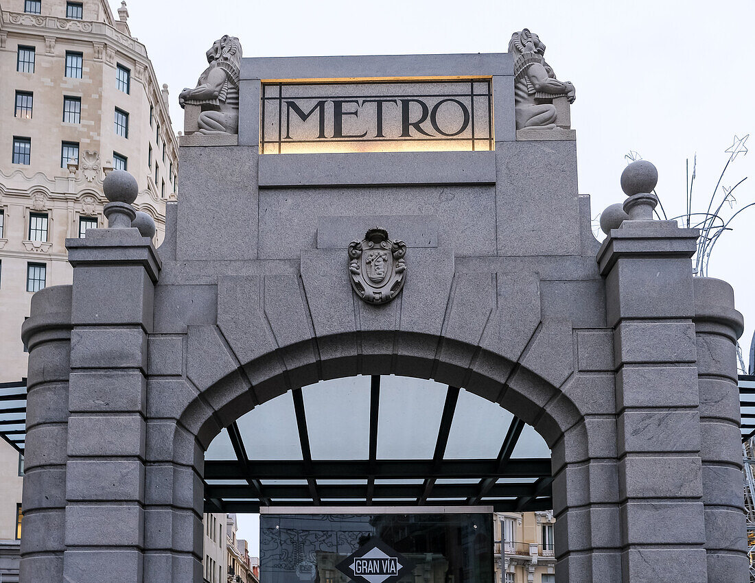 Architectural detail of Gran VA?a station, part of the Madrid Metro system, situated beneath Gran VA?a street in central Madrid, Spain, Europe