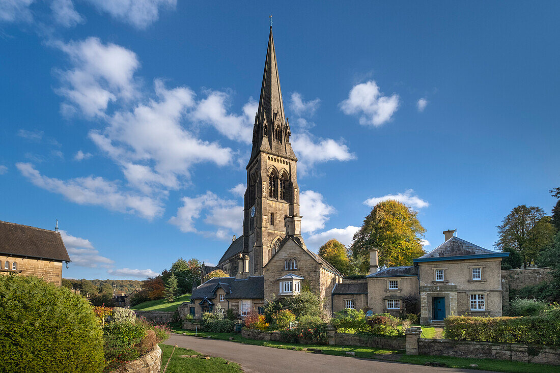 St. Peter's Church and the village of Edensor in autumn, Chatsworth Estate, Peak District National Park, Derbyshire, England, United Kingdom, Europe