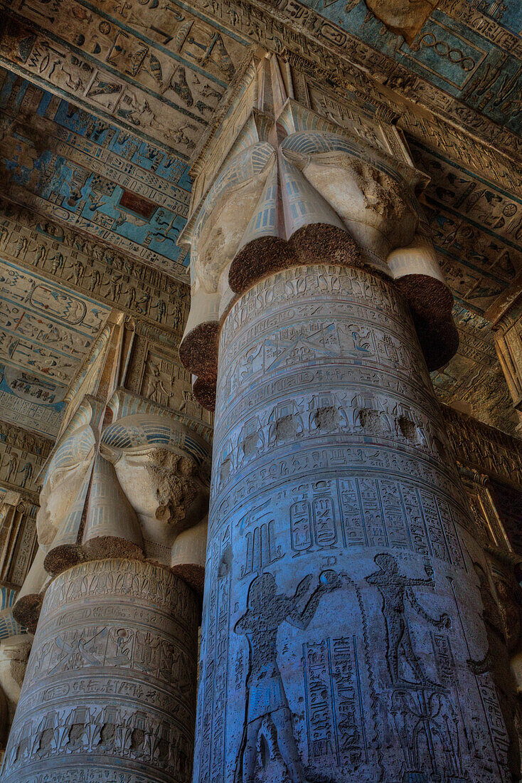 The Great Columns, Vestibule, Temple of Hathor, Dendera, Qena, Egypt, North Africa, Africa