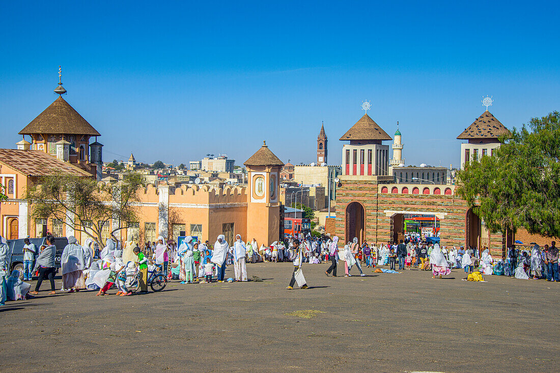 Orthodox women praying at the Easter ceremony, Coptic Cathedral of St. Mariam, Asmara, Eritrea, Africa