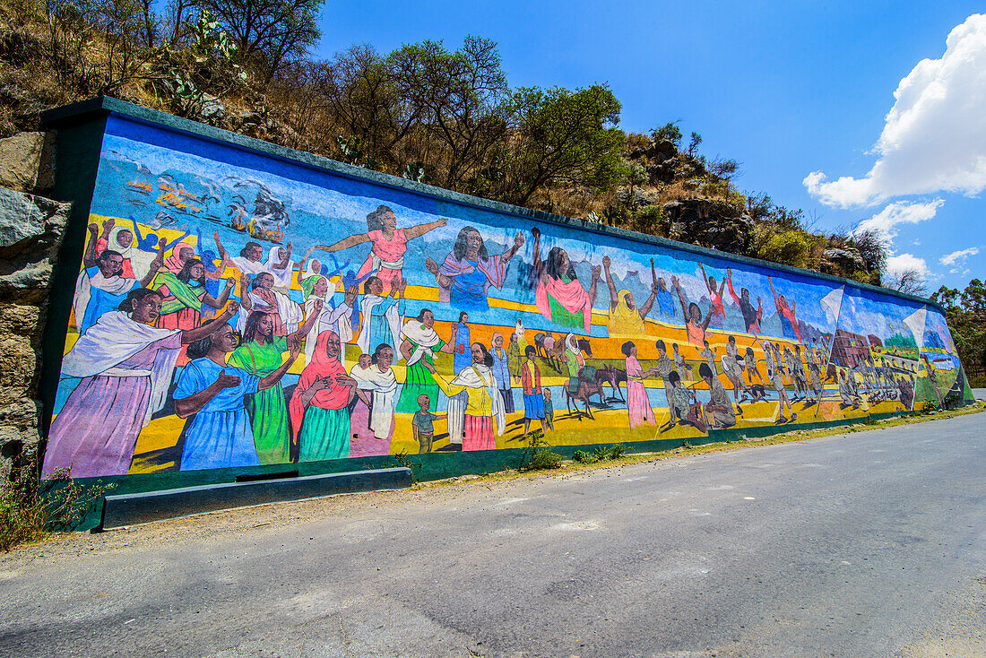 Huge wall mural of the patriotic war along the road between Asmara and Keren, Eritrea, Africa