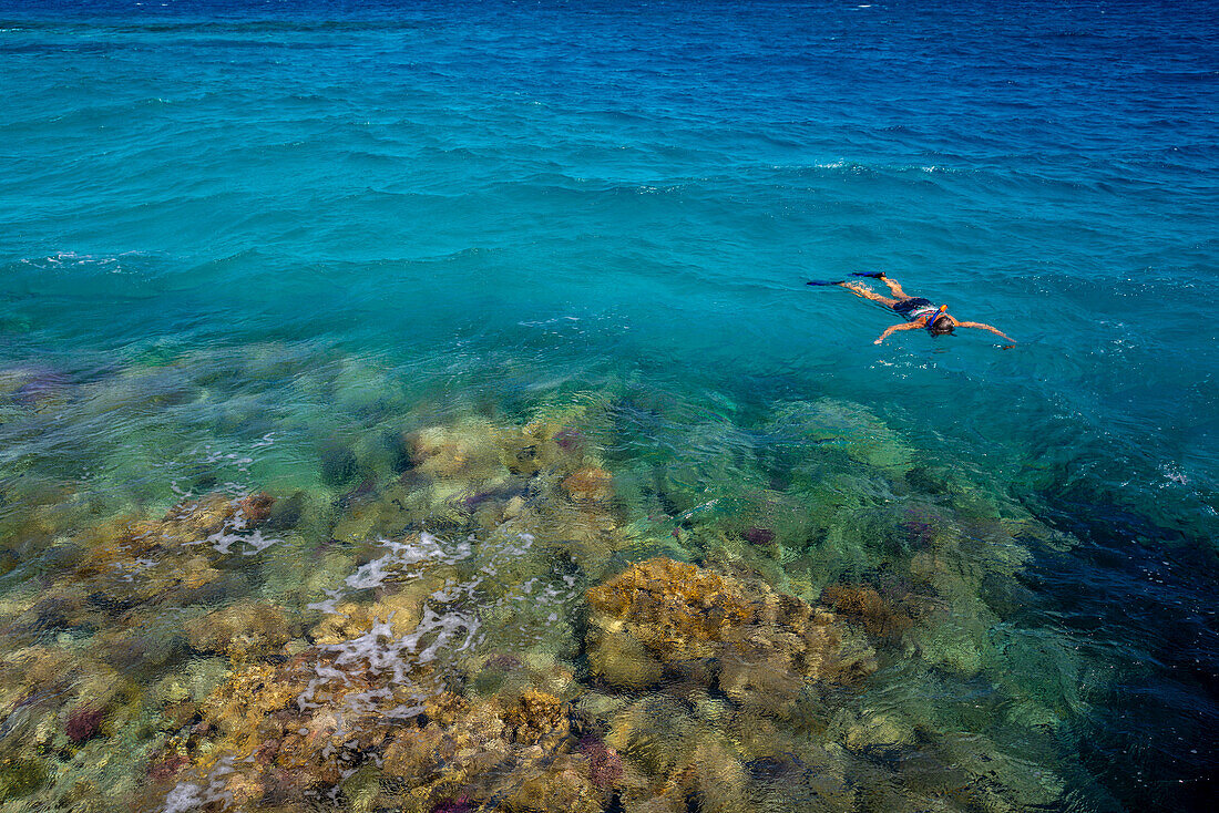 Blick auf Frau beim Schnorcheln im Roten Meer bei Sahl Hasheesh, Sahl Hasheesh, Hurghada, Red Sea Governorate, Ägypten, Nordafrika, Afrika