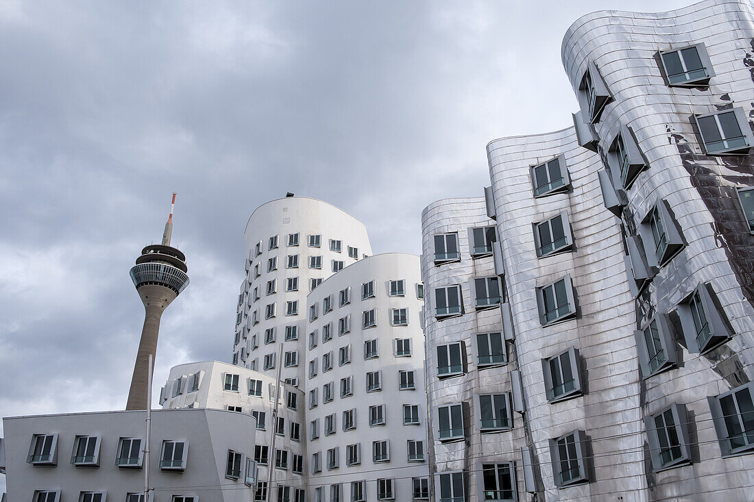 Blick auf den Neuen Zollhof, benannt nach einer ehemaligen Zollanlage, ein markantes Wahrzeichen des Düsseldorfer Hafens, Teil des neu gestalteten Düsseldorfer Hafens, mit dem Rheinturm im Hintergrund, Düsseldorf, Nordrhein-Westfalen, Deutschland, Europa