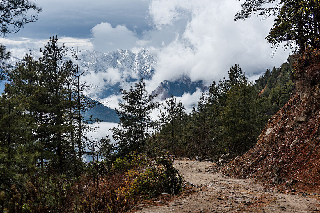 Beginning of the Langtang valley trek in Nepal with route towards snowy mountains of the Himalayas Ganesh Himal, Nepal, Asia