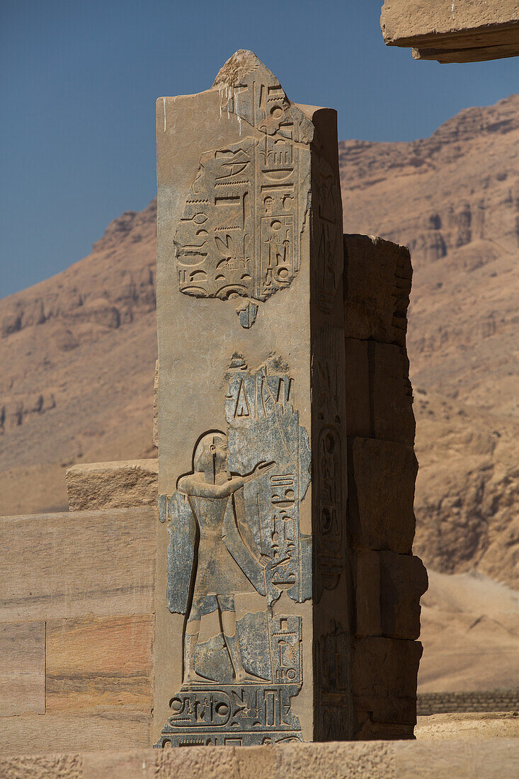 Reliefs, Ramesseum, Gedächtnistempel des Pharao Ramses II., 13. Jahrhundert v. Chr., Antikes Theben, UNESCO-Welterbestätte, Luxor, Ägypten, Nordafrika, Afrika