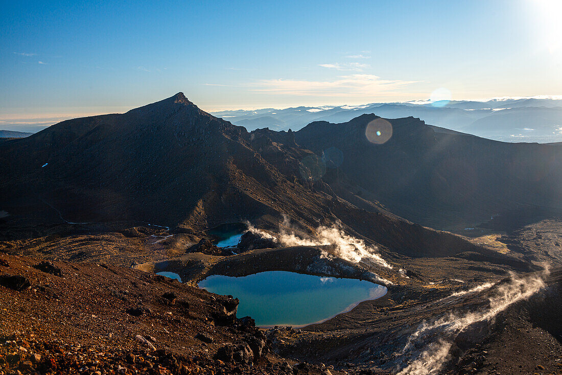 Emerald Lakes bei Sonnenaufgang, Tongariro-Nationalpark, UNESCO-Welterbe, Nordinsel, Neuseeland, Pazifik