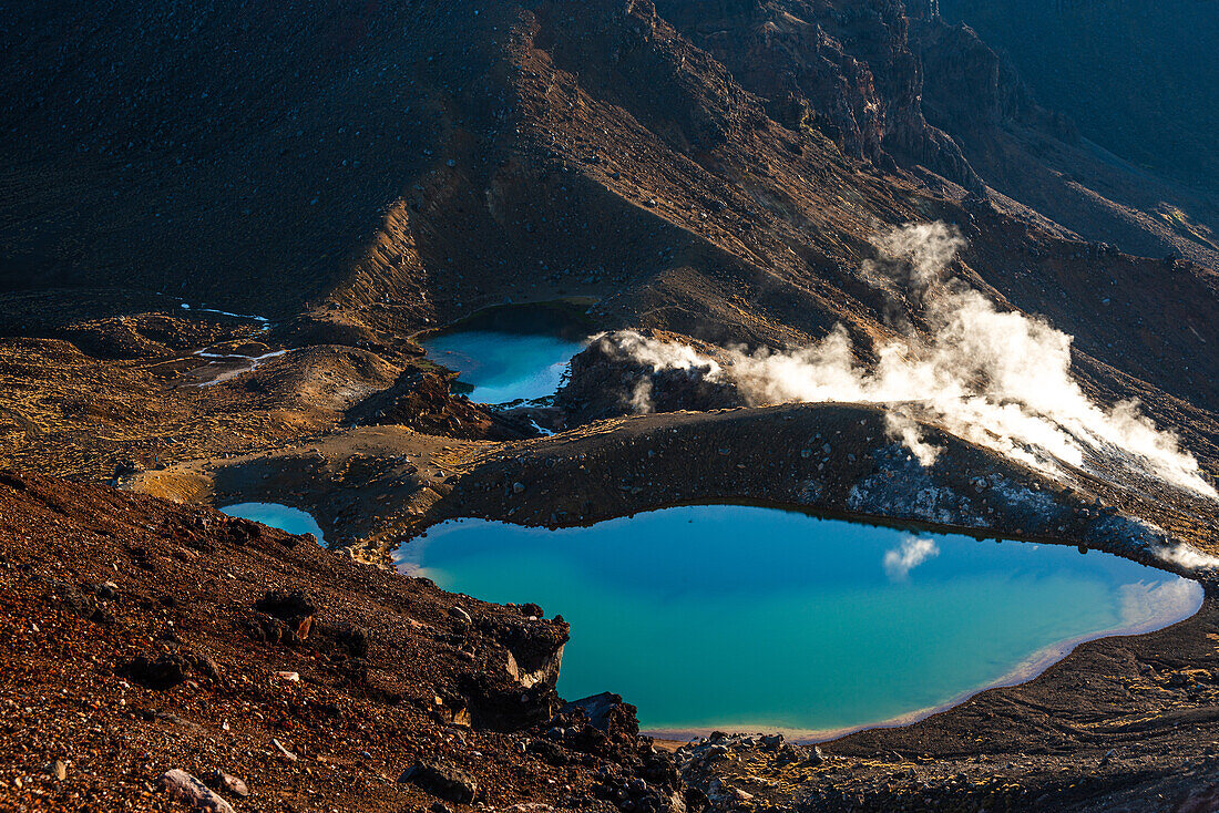 Emerald Lakes at sunrise, Tongariro National Park, UNESCO World Heritage Site, North Island, New Zealand, Pacific