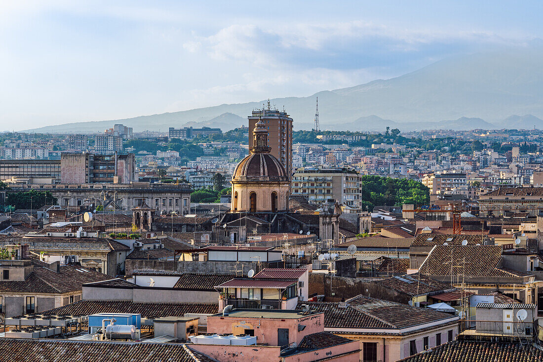 San Michele Arcangelo ai Minoriti Roman Catholic parish church, panoramic view around traditional buildings in the city center of Catania, Sicily, Italy, Mediterranean, Europe