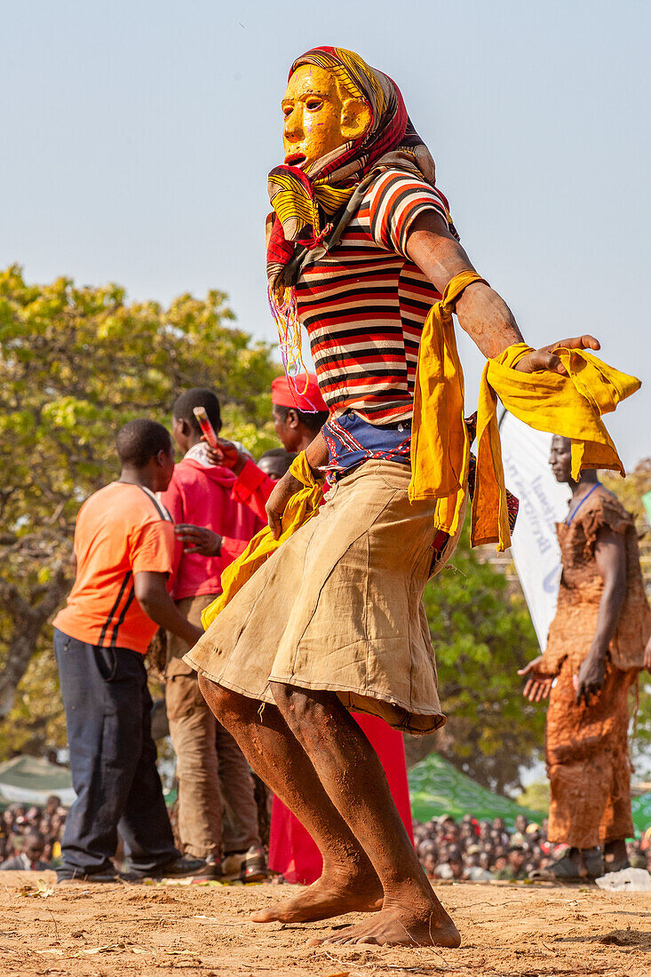 Masked dancer, The Kulamba Traditional Ceremony of the Chewa people from Zambia, Mozambique and Malawi, held annually on the last Saturday in August to pay homage to their Chief Kalonga Gaia Uni, held near Katete, Eastern Province, Zambia, Africa