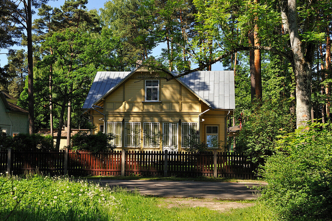 Typical wooden house at Jurmala, Gulf of Riga, Latvia, Baltic region, Europe